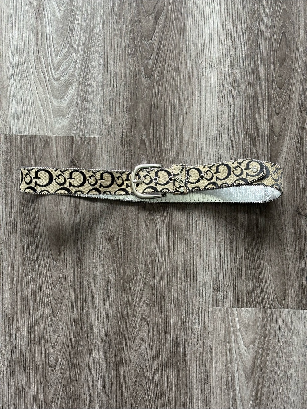 Y2K Guess Beige Monogram Canvas Belt with Black Logos